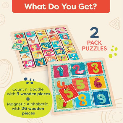 B. toys- Magnetic Alphabet & Count n' Doodle Duo Pack- Magnetic Puzzles – Wooden Puzzle Pack – Numbers & Alphabet – 2-in-1 Chalkboard Side – 3 Years +