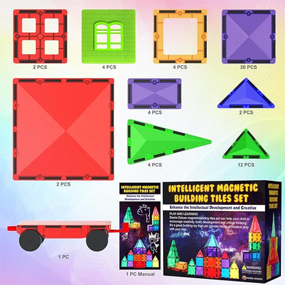 Desire Deluxe Magnetic Tiles Building Blocks Toy - STEM Educational Magnet Set for Kids, Creativity Preschool Learning Sensory Montessori Toddler Toys for Boys & Girls 3+ Years Old - 57PC
