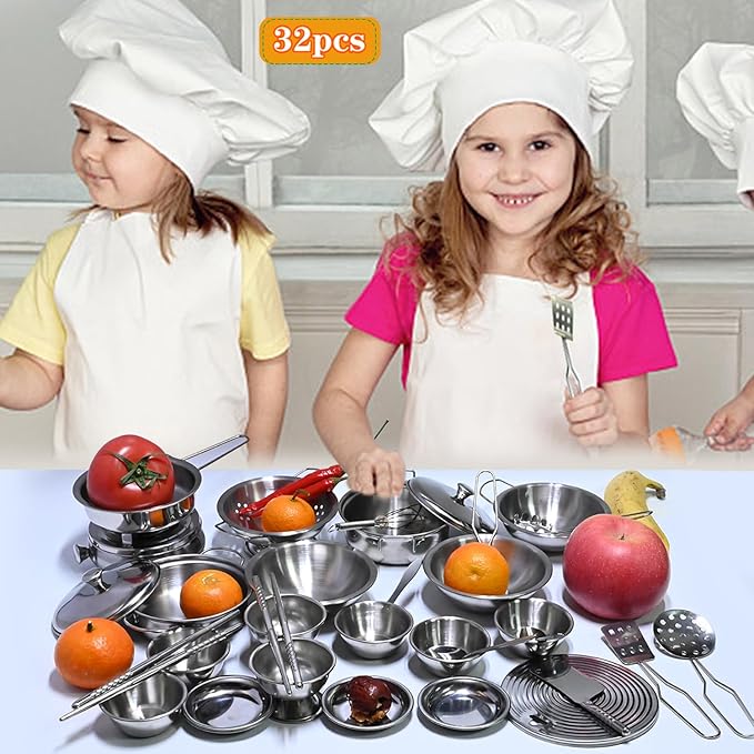Tiny Classic Stainless Steel Kitchen Toys Cooking Utensils Set-Pretend Play Pots Pans Toy Cookware Kits for Kids Cooking Utensil Set Interactive Learning Role Play Educational Toys for Kids Mini Size