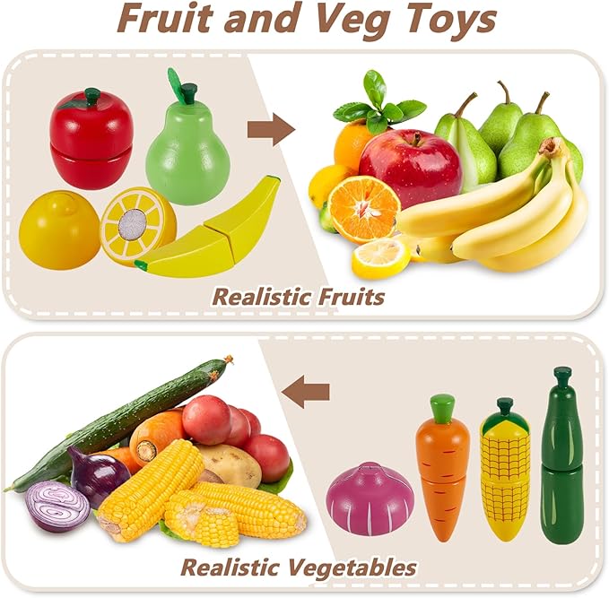 HERSITY Wooden Play Food Set Cutting Fruits and Veggies Toys for Toddlers 1-3, Pretend Play Kitchen Accessories Montessori Educational Toys Gifts for Kids Boys Girls 18 Months+