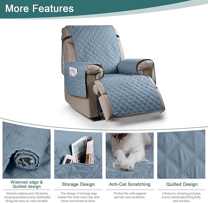 Ruaozz 100% Waterproof Recliner Chair Cover Non-Slip Reclining Cover for Recliner Chair Washable Chair Seat Cover with Elastic Straps for Kids, Dogs, Pets (Pastel Blue, 23'')