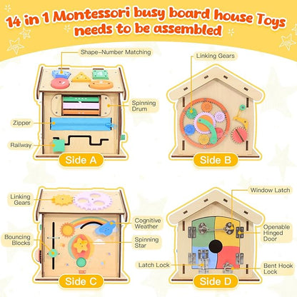 Wooden Busy Board for Toddlers Montessori Toy for Fine Motor Training and Life Skills Development-14-in-1 Toddler Activity Board Sensory Toys-Perfect Montessori Toys for over 3 years old kids