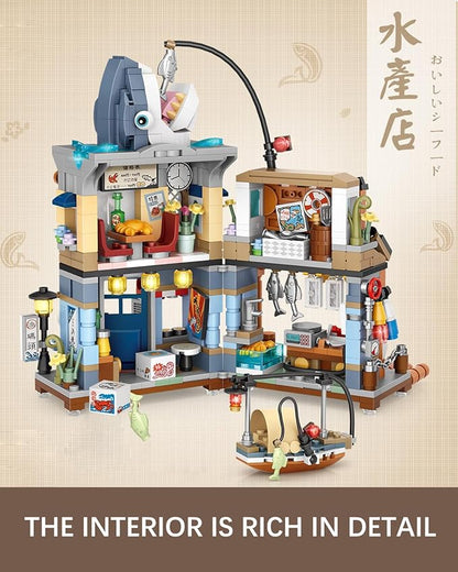 Japanese City Street View Seafood Store Building Blocks Set, Aquatic Products Shop MOC Creative House, Simulation Architecture Construction Toy, Gifts Idea for Kids Adults (Mini Blocks 790 pcs)