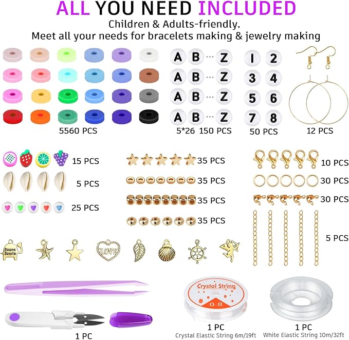 Gionlion 6000 Clay Beads Bracelet Making Kit, 24 Colors Flat Preppy Beads for Friendship Bracelets, Polymer Clay Beads with Charms for Jewelry Making, Crafts Gifts for Girls Ages 6-12
