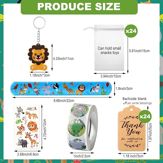 Fumete 121 Pcs Jungle Safari Party Favors Birthday Supplies for Boys Girls Include Jungle Animal Slap Bracelets Keychains Temporary Tattoos Animal Sticker Roll White Organza Bags and Thank You Tag