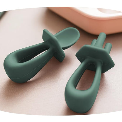 Tiny Twinkle Silicone Training Utensils - Baby Spoons and Baby Forks For Self-Feeding Training - Silicone Baby Led Weaning Utensils For Toddlers And Babies 6-24 Months - Baby Feeding Supplies (Olive)