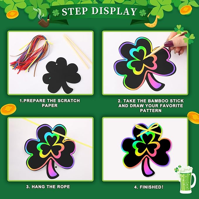 FEBSNOW 48 PCS St. Patrick’s Day Crafts for Kids, Rainbow Magic Scratch Art Shamrock Hanging Ornaments Scratch Paper Cards for St Patricks Day Party Favors Kids School Classroom DIY Crafts Decorations