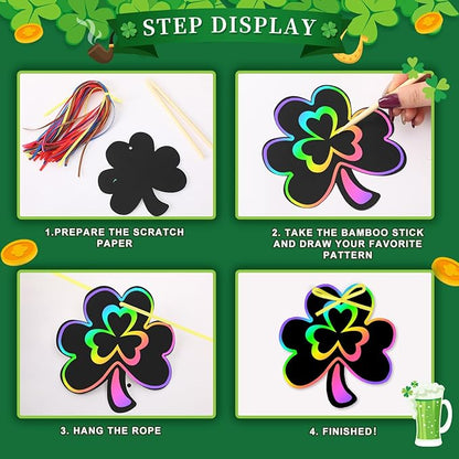 FEBSNOW 48 PCS St. Patrick’s Day Crafts for Kids, Rainbow Magic Scratch Art Shamrock Hanging Ornaments Scratch Paper Cards for St Patricks Day Party Favors Kids School Classroom DIY Crafts Decorations