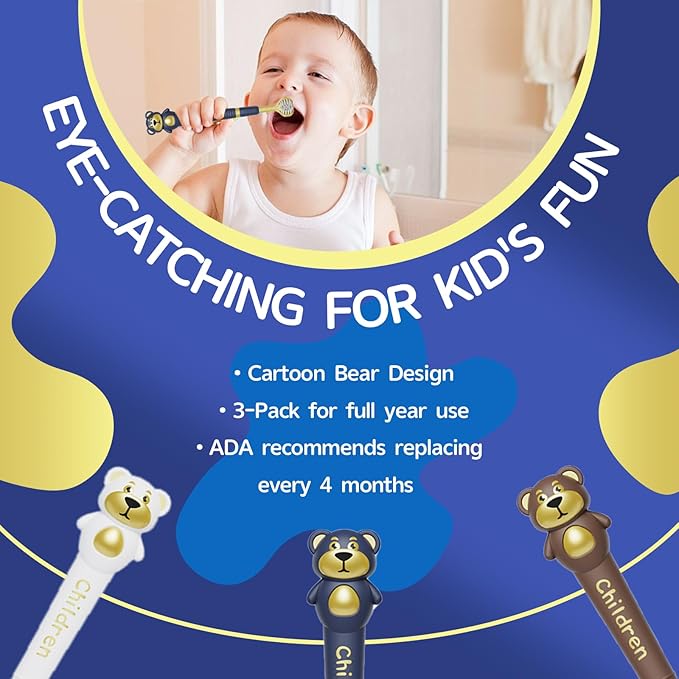 3 Sided Toothbrush for Kids, Japanese Design Triple-Angle Toothhugger, Cartoon Bear Design Sensory Toothbrush for Toddlers, Kids Toothbrush for Aged 3-12, Soft Bristles for Gentle Gum Care (3Pack)