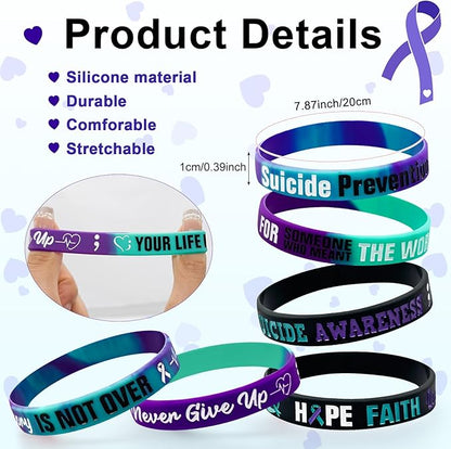 60 Pcs Suicide Prevention Awareness Accessories Bulk Include 30 World Suicide Prevention Day Hope Faith Bracelets and 30 Teal Purple Ribbon Semicolon Round Badges for Suicide Awareness and Prevention