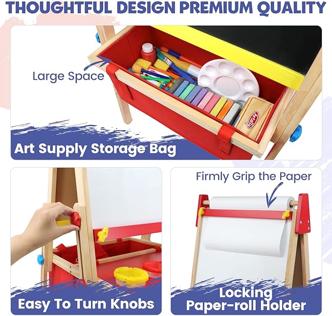 Art Easel for Kids Easel, Adjustable Wooden Kids Drawing Easel with Magnetic Whiteboard & Chalkboard, Kids Dry Erase Board,Easel for Kids Ages 3 4-8 9-12, Red w/Bag