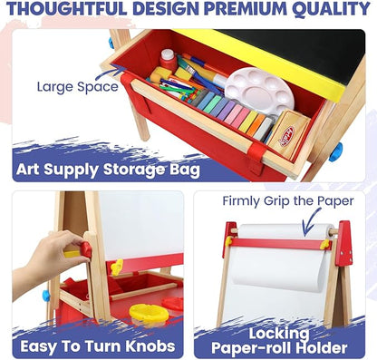 Art Easel for Kids Easel, Adjustable Wooden Kids Drawing Easel with Magnetic Whiteboard & Chalkboard, Kids Dry Erase Board,Easel for Kids Ages 3 4-8 9-12, Red w/Bag