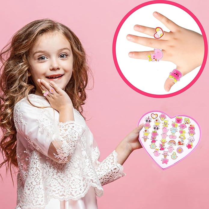 Little Girl Jewel Rings, Adjustable Pink Rings Girls Kids Pretend Play and Dress up Jewelry Set, Cute Rings with Display Case Party Favors Toys Gifts