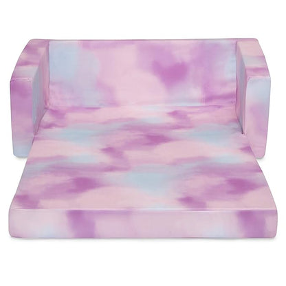 Delta Children Cozee 2-in-1 Extra Wide Convertible Sofa to Lounger-Comfy Flip Open Couch/Sleeper for Kids, Pink Tie Dye