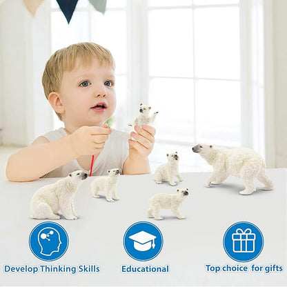 Toymany 6PCS Polar Bear Figurines Toy with Polar Bear Cub, 2-4" Realistic Plastic Arctic Animals Figures Family Set for Christmas Educational Toys Cake Toppers Birthday Gifts for Kids