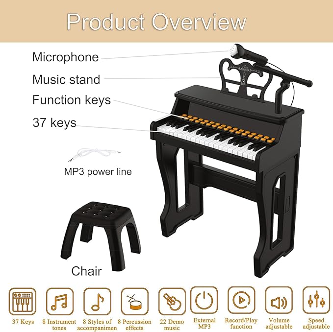 Piano Keyboard for Kids 3-6 - 37 Keys Electric Musical Keyboard with Microphone, Stand & Stool, Kids Learning Piano Toys for Beginners 3 4 5 6 Years Old Girls Boys Birthday Gift