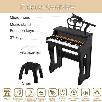 Piano Keyboard for Kids 3-6 - 37 Keys Electric Musical Keyboard with Microphone, Stand & Stool, Kids Learning Piano Toys for Beginners 3 4 5 6 Years Old Girls Boys Birthday Gift