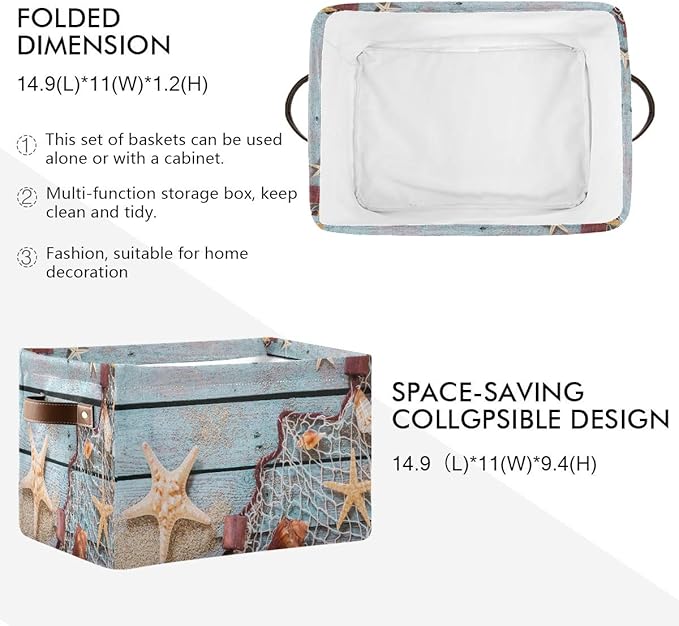AUUXVA Summer Beach Sand Storage Basket Bin Rustic Wooden Starfish Large Fabric Toys Storage Cube Box with Handles Collapsible Closet Shelf Cloth Organizer Basket for Nursery Bedroom Bathroom