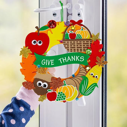 Winlyn 12 Sets Thanksgiving Wreath Signs Decorations Art Sets DIY Fall Thanksgiving Craft Kits Foam Sunflowers Maple Leaves Pumpkin Harvest Stickers for Kids Autumn Classroom Activities Party Favors