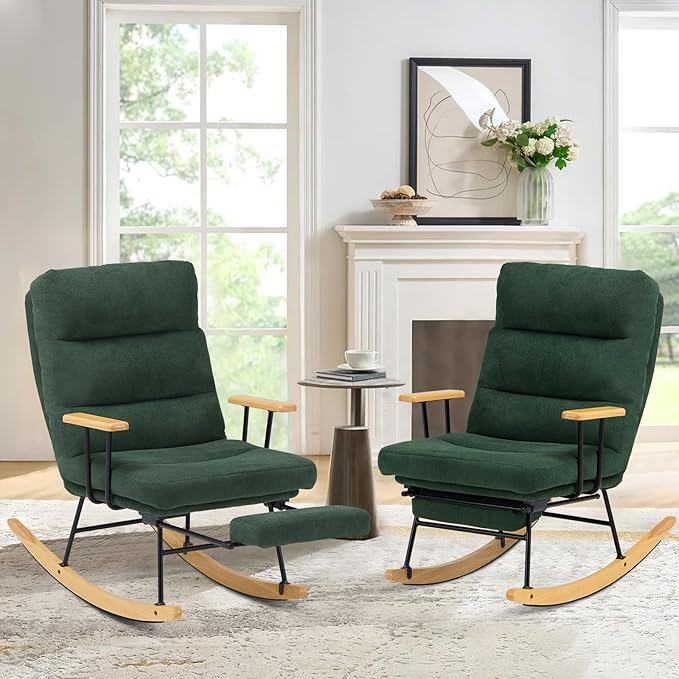 Rocking Chair with Footrest-Glider Rocker Chair with Retractable Footrest and Adjustable Backrest, Teddy Upholstered Rocking Chair Set of 2, Accent Chair for Living Room/Nursery/Bedroom/Outdoor-Green