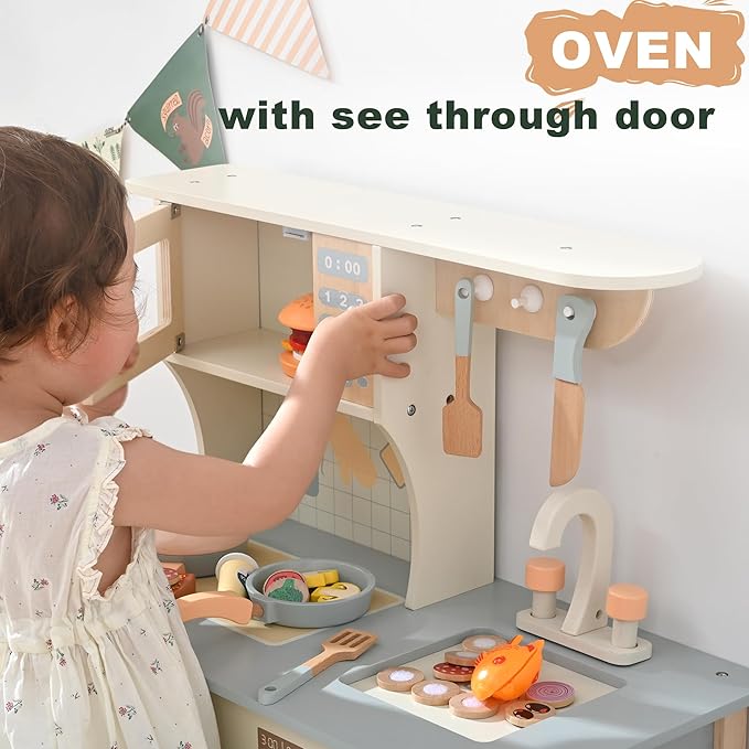 Play Kitchen for Toddlers, Kids Kitchen Playset Toy Kitchen Set, Toddler Kitchen Playset Wooden with with Faucet, Oven, Cookware Accessories