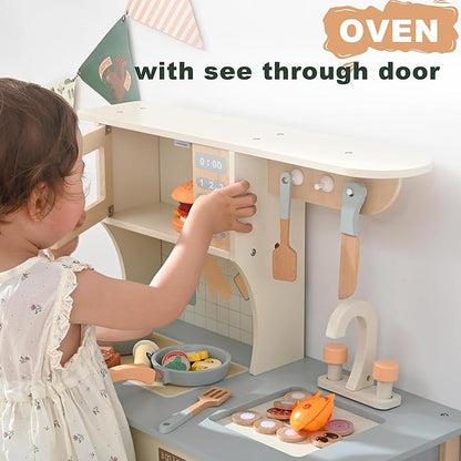 Play Kitchen for Toddlers, Kids Kitchen Playset Toy Kitchen Set, Toddler Kitchen Playset Wooden with with Faucet, Oven, Cookware Accessories