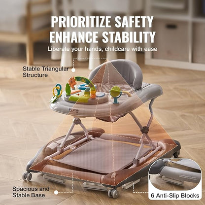 VEVOR 4-in-1 Baby Walker, Foldable Baby Activity Center with Wheels, 3 Adjustable Height, Music & Toys Tray, Learning-Seated | Walk-Behind | Rocker | Bouncer Toddler Walker for Boys Girls 6-24 Months
