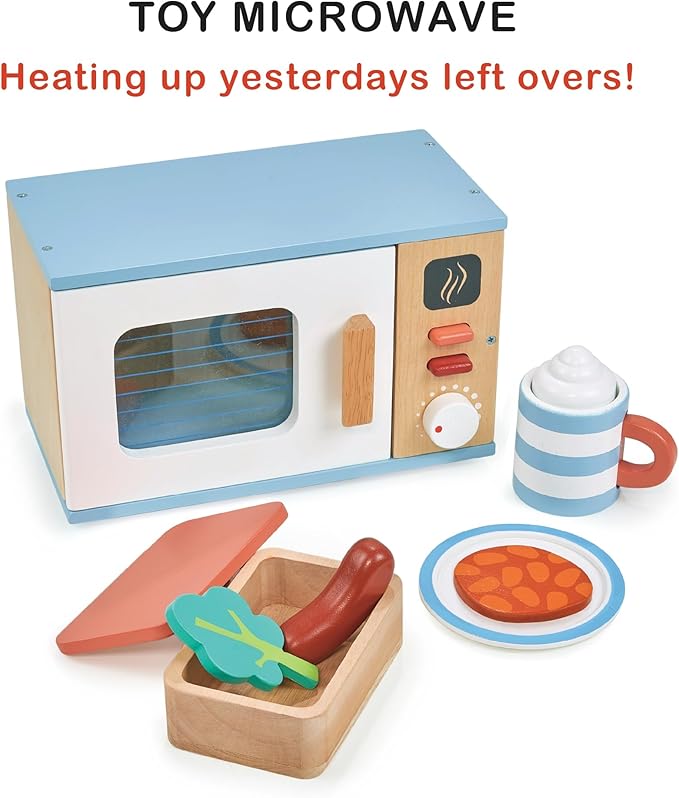 Mentari Toys - Toy Microwave - 9pc Wooden Microwave Set with Pretend Play Food - Kids Role Play Kitchen Accessories - Improve Social and Communication Skills - Sparks Creativity - Age 3+