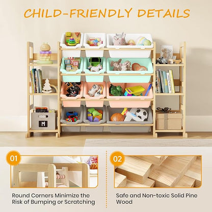 EXPERLAM Extra Large Toy Storage - Toy Storage Organizer, Wooden Toy Organizer with 6 Side Shelves and 12 Bins, 3-in-1 Bookshelf for Kids Rooms, Playroom, Nursery, Multi Color