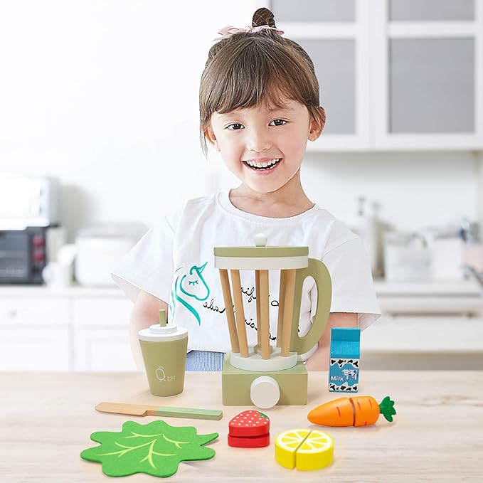 Teamson Kids Little Chef Frankfurt 13-pc. Wooden Play Kitchen Blender Accessory Set with Pretend Ingredients, Natural/Green
