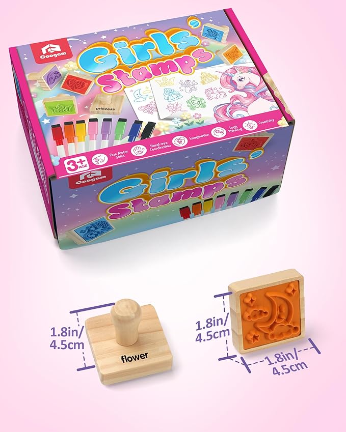 Coogam Wooden Stamp for Girls Friendship, 20pcs Color Shape Unicorn Butterfly Mermaid Stamp Set with Markers, DIY Arts Crafts Printing Stamping Party Favor Toy Gift for 3 4 5 Year Old Kids