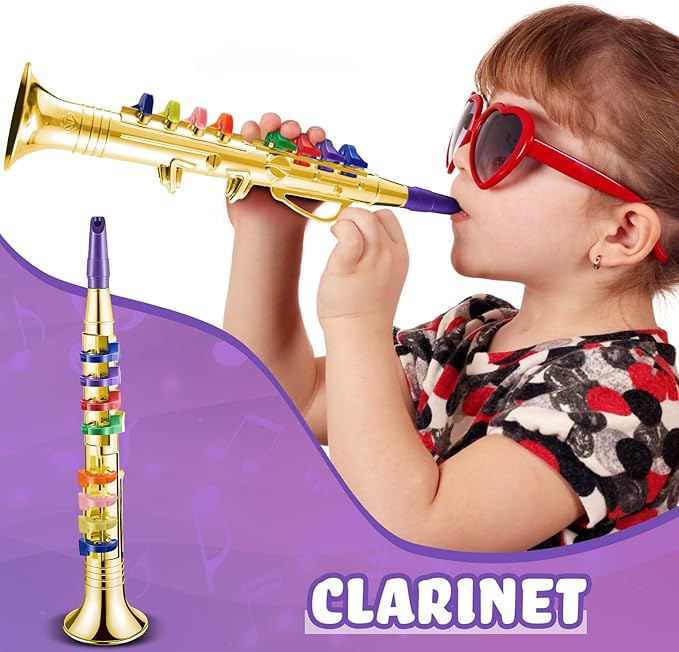 Lewtemi Gold Clarinet Musical Instruments Toy for Kid Toddler Fake Plastic Preschool Music Toy Gift Portable Wind Instrument Early Educational Teaching Songs Gifts for Toddlers Children