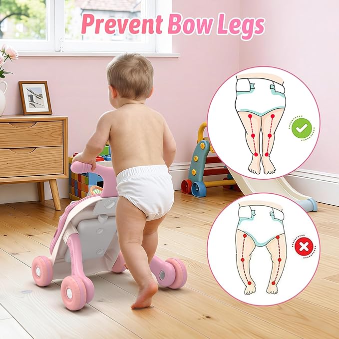 QDRAGON 3 in 1 Baby Walker and Activity Center for Girl, Learning to Walk, Sit to Stand, Early Educational Push Toys with Music Panel for Infant Toddler 12+ Months Pink