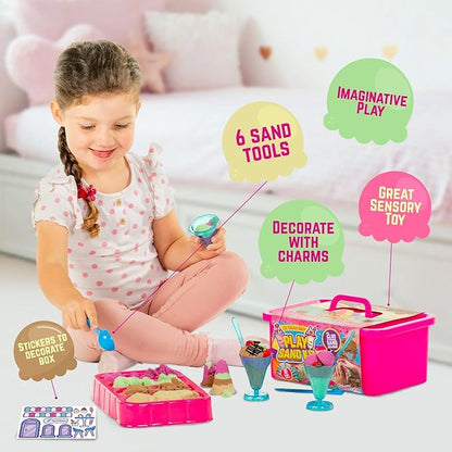 GirlZone Ice Cream Shop Play Sand for Kids, 22pcs Moldable Sand Kit - Serving Tools, Glasses, Spoon, Decorations, Stickers & 2lbs Colorful Sand, Fun Kids Sensory Toys, Ideal Easter Gifts for Kids