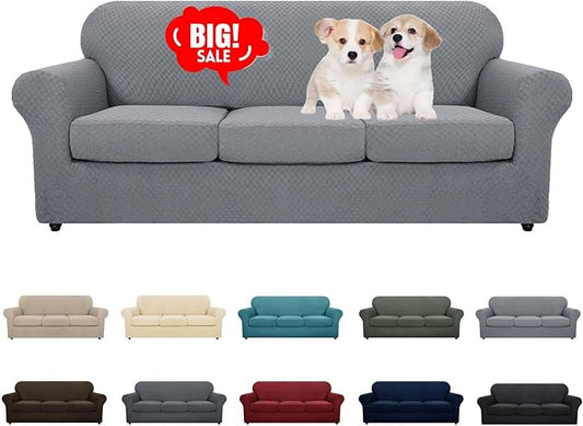 MAXIJIN 4 Piece Jacquard Extra Large Couch Covers for 3 Cushion Couch Super Stretch Non Slip Couch Cover for Dogs Pet Friendly Sofa Slipcover Furniture Protector (Oversized Sofa, Light Gray)