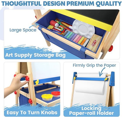 Art Easel for Kids Easel for Toddlers, Adjustable Wooden Kids Drawing Easel with Magnetic Whiteboard & Chalkboard, Kids Dry Erase Board, Easel for Kids Ages 3 4-8 9-12, Blue w/Bag