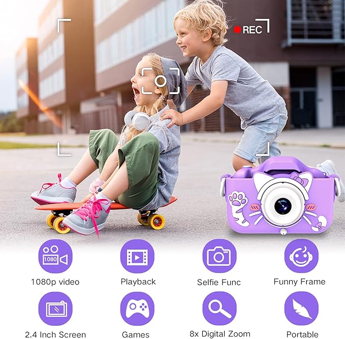 Goopow Kids Camera Toys for 3-8 Year Old Girls Boys,Children Digital Video Camcorder Camera with Cartoon Soft Silicone Cover, Best Chritmas Birthday Festival Gift for Kids - 32G SD Card Included