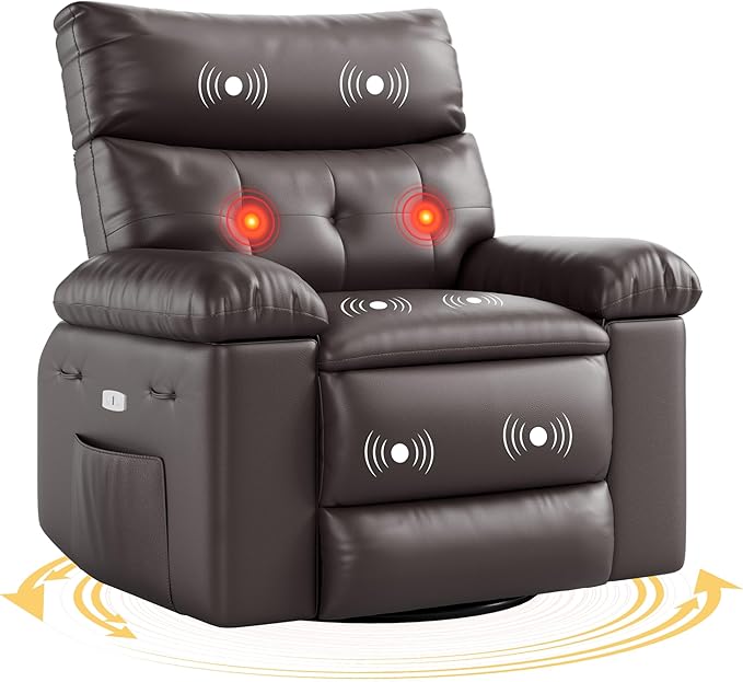 Electric Recliner Chair - 360° Rocker Swivel Recliner with Heat and Massage, PU Leather Large Power Recliner for Adults, Comfortable Lazy Chair with 1.5X Sponge Filling for Living Room