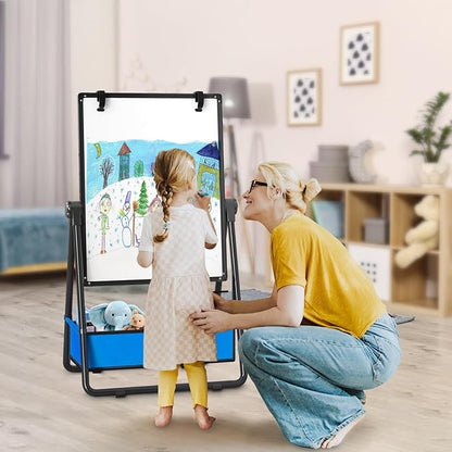 Kids Easel Double-Sided Art Easel with Paper Clip Height Adjustable Whiteboard & Chalkboard 360°Rotating Standing Art Easel for Kids Gift for Boys and Girls Toys for Ages 2-4
