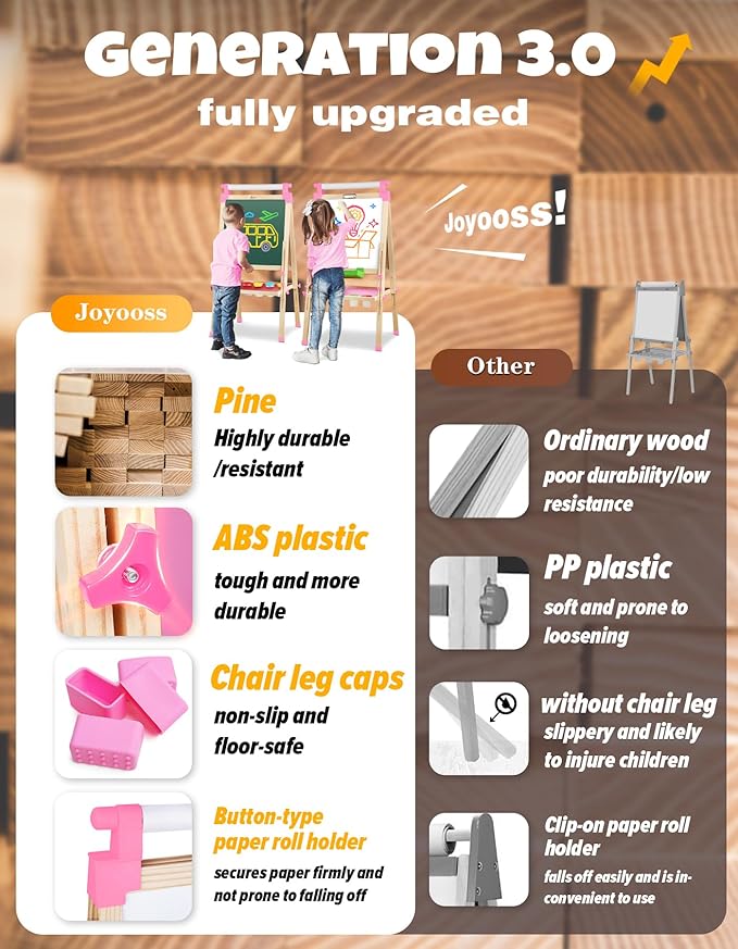 JOYOOSS Easel for Kids Art Easel Kids Easels for Toddlers,Wooden Kid Easel with Paper Roll - Chalkboard for Kids Adjustable Double Sided Kids Dry Erase Board, Outdoor Easel for Kids Art Easel Toddler