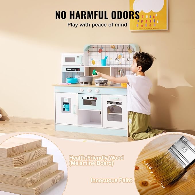 VEVOR Wooden Play Kitchen Toy, Play Kitchen for Kids with Lights and Sounds, Toddler Kitchen with Ice Maker, Oven, Sink, Microwaves, Fridge and Utensil and Fruit Accessory for Toddlers Ages 3-8, White