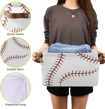AUUXVA Baseball Storage Basket, Sports Theme Softball Large Storage Bins Box with Handles, Easter Gift Baskets Ideal for Baby Kids, Room Nursery Decor, Organizing Clothes, Toys, Books, Collapsible