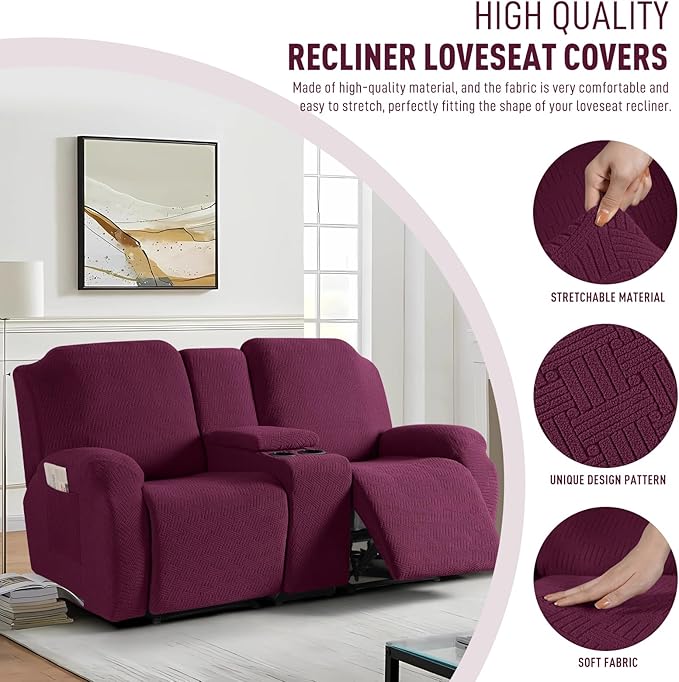 KinCam Loveseat Recliner Covers with Middle Console Slipcover, Recliner Sofa Covers 2 Seat Couch Cover Stripe Jacquard Furniture Protector Covers with Elastic Bottom for Kids, Pets (Burgundy)