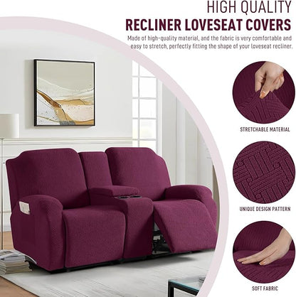 KinCam Loveseat Recliner Covers with Middle Console Slipcover, Recliner Sofa Covers 2 Seat Couch Cover Stripe Jacquard Furniture Protector Covers with Elastic Bottom for Kids, Pets (Burgundy)