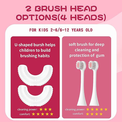 Kids U Shaped Electric Toothbrush with 4 Brush Heads, Sonic Toothbrush Kids with 5 Modes, Cartoon Dinosaur 360-Degree Cleaning IPX7 Waterproof Design (6-12 Age (Pink))