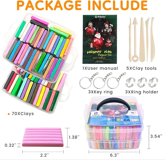 Artecho Polymer Clay Kit, 70 Colors Oven Bake Modeling Clay for Kids and Adults, DIY Sculpting Craft Molding Clay Set with Sculpting Tools, Jewelry Accessories, Arts and Crafts Gifts for Girls & Boys