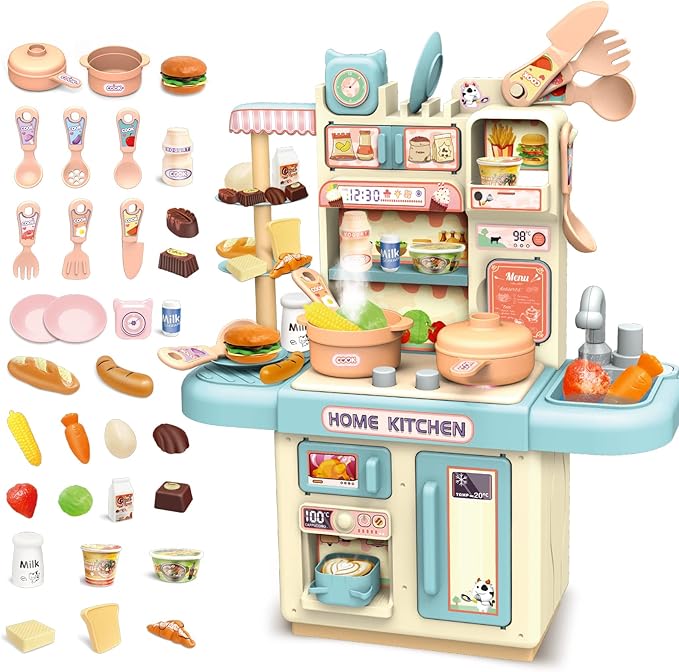deAO Mini Kitchen Playset Toy,33 PCS Play Kitchen with Realistic Steam and Lights, Role Playing Game Pretend Food and Cooking Playset, Mini Kitchen Accessories Set for 3 4 Girls Boys