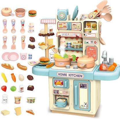 deAO Mini Kitchen Playset Toy,33 PCS Play Kitchen with Realistic Steam and Lights, Role Playing Game Pretend Food and Cooking Playset, Mini Kitchen Accessories Set for 3 4 Girls Boys