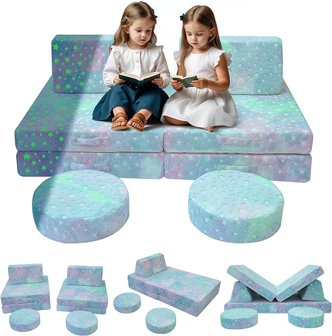 MeMoreCool Modular Glow Sofa for Kids, Colorful Star 8-Piece Convertible Foam Toddler Couch Play Set for Playroom and Children