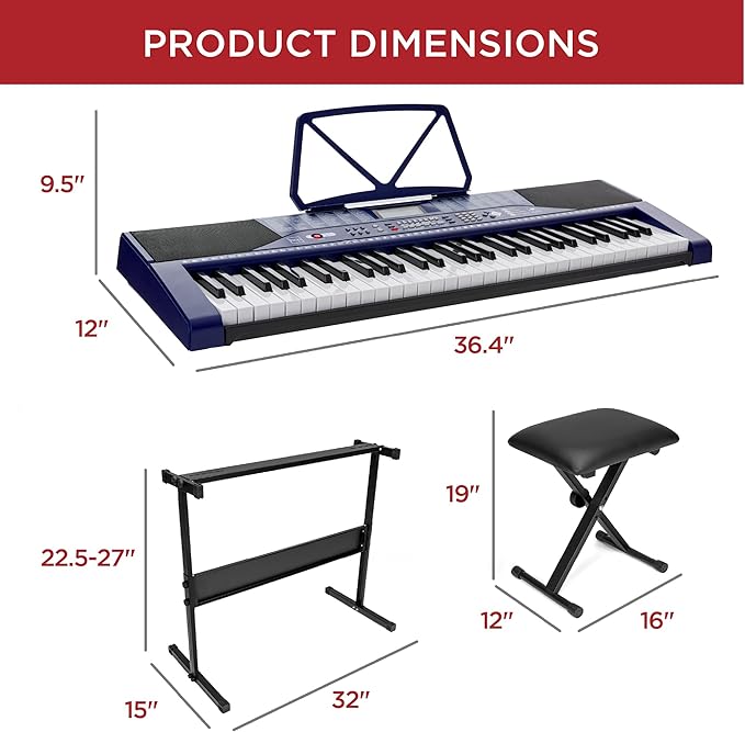 Best Choice Products 61-Key Beginners Complete Electronic Keyboard Piano Set w/Lighted Keys, LCD Screen, Headphones, Stand, Bench, Teaching Modes, Note Stickers, Built-In Speakers - Blue